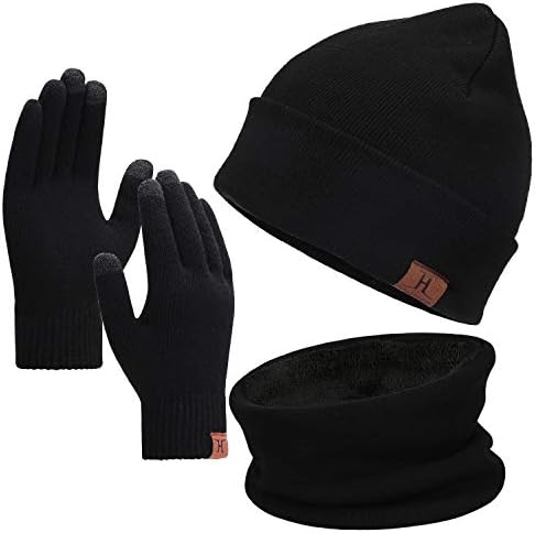 Winter Beanie Hat Scarf Touchscreen Gloves Set for Men and Women, Beanie Gloves Neck Warmer Set with Warm Knit Fleece Lined