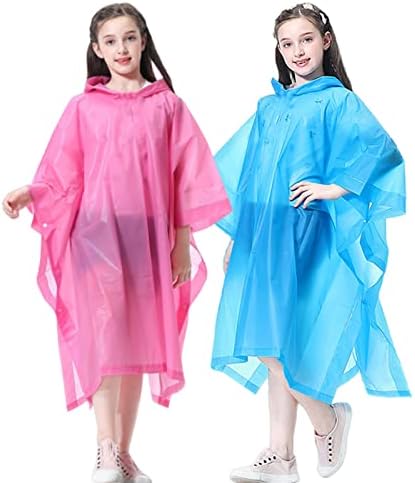 RUISHYY Rain Poncho for Kids (2 Pack), Reusable EVA Children Raincoat Ponchos Rain Jacket with Hood for 6-14 Girls Boys