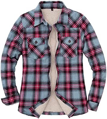ThCreasa Womens Sherpa Lined Flannel Jacket with Hand Pockets, Plaid Button Down Fuzzy Shirt Jackets