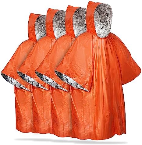 FosPower Emergency Rain Poncho [4 Pack] [Retains 90% Body Heat] Reusable Weather Resistant Raincoat for Men, Women, Adults, Camping, Hiking, Emergency Supplies & Survival Kits (Orange)