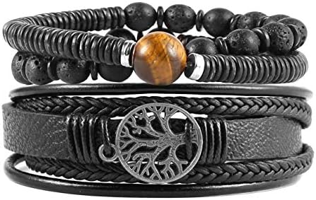 HZMAN Genuine Leather Tree of life Bracelets Men Women, Tiger Eye Natural Stone Lava Rock Beads Ethnic Tribal Elastic Bracelets Wristbands