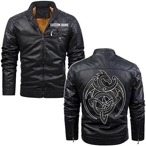 Norse Dragons Viking Flying Dragon Triskele| Custom Name|Men Zip Pocket Black Brown Fleece Leather Jacket Coat