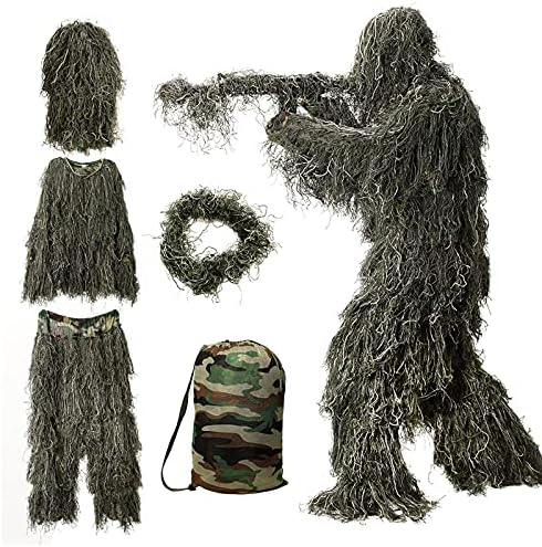 Ghillie Suit, 3D Camouflage Hunting Apparel Including Jacket, Pants, Hood, Carry Bag, Camo Hunting Clothes for Men, Hunters, Military, Sniper Airsoft, Paintball