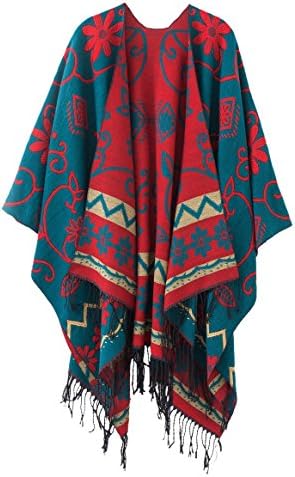 Women’s Retro Style Vintage Pattern Tassel Poncho Shawl Cape Wraps For Women