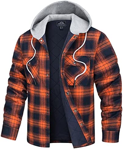 TACVASEN Men’s Hooded Shirt Jacket Thick Plaid Flannel Shirts Quilted Lined Long Sleeve Winter Cotton Coat with Pockets