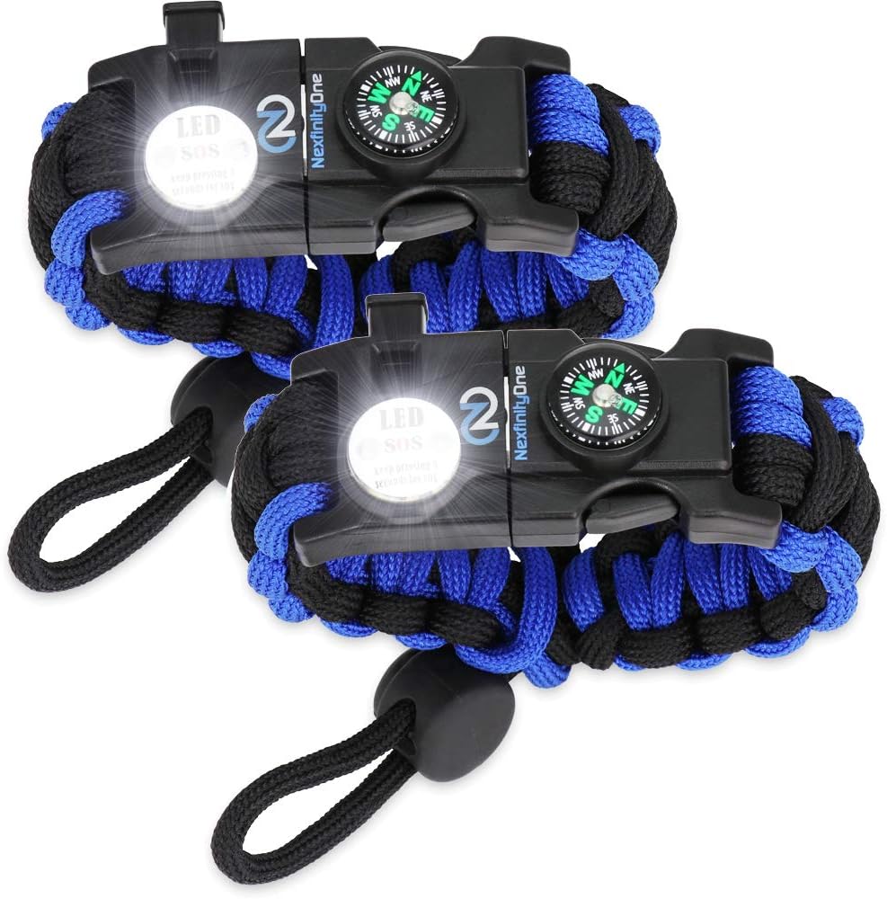 Nexfinity One Survival Paracord Bracelet – Tactical Emergency Gear Kit with SOS LED Light, 550 Grade, Adjustable, Multitools, Fire Starter, Compass, and Whistle – Set of 2