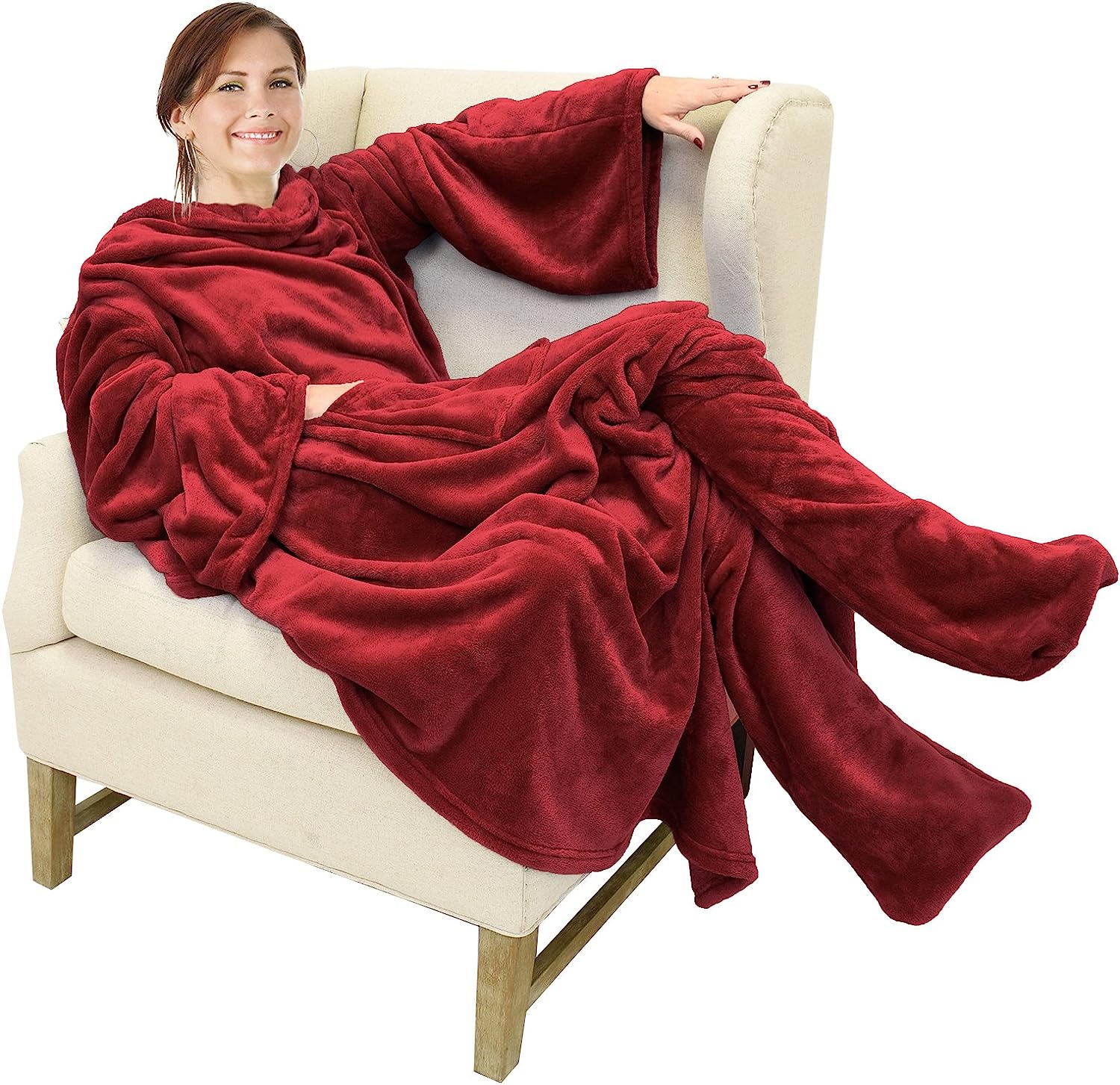 Catalonia Wearable Fleece Blanket with Sleeves and Foot Pockets for Adult Women Men, Micro Plush Comfy Wrap Sleeved Throw Blanket Robe Large, Wine