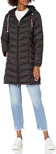 Tommy Hilfiger Women’s Mid-Length Puffer Hooded Down Jacket with Drawstring Packing Bag