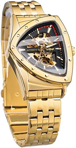 FORSINING Triangular Gold Shield Automatic Mechanical Watch, Oversized Dial Fully Hollowed Out Dial Design, Automatic Movement, 20MM Wide Soft Silicone Strap, Strong and Durable