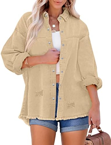 LookbookStore Womens Denim Jacket Oversized Button Down Shirts Jean Shacket Distressed Frayed Coat