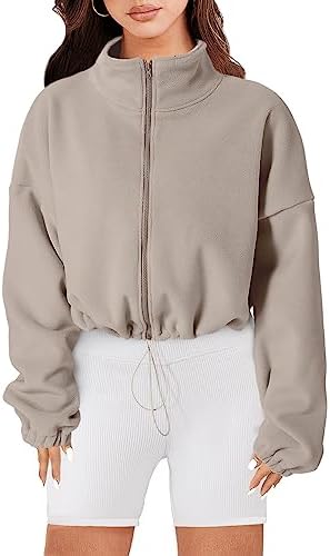 ANRABESS Women’s Full Zip Oversized Fleece Crop Jacket Winter Long Sleeve Stand Collar Workout Sherpa Coat Windbreaker
