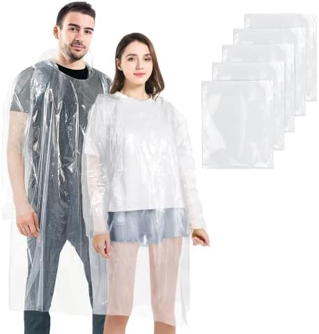 5 Pack Rain Ponchos for Adults, Waterproof Ponchos Pack for Theme Parks, Outdoors Rain Coats for Women Men, Disposable Clear Rain Jackets for School, Camping, Hiking, Travelling, Sporting Events