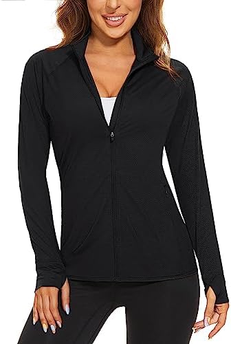 CRYSULLY Women’s UPF 50+ Sun Protection Shirts Quick Dry Long Sleeve Jacket with Zip Pockets Running Hiking Outdoor