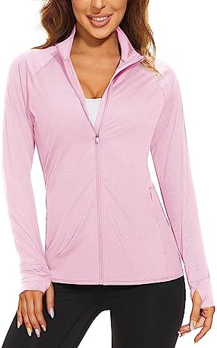 CRYSULLY Women’s UPF 50+ Sun Protection Shirts Quick Dry Long Sleeve Jacket with Zip Pockets Running Hiking Outdoor
