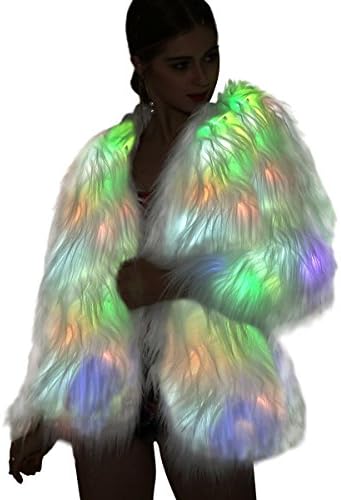 Led Fur Coat for Women Rainbow Sparkly Light Up Jacket White Furry Rave Costume