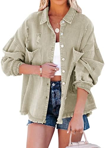 EVALESS Jean Jacket for Women Distressed Frayed Denim Jacket Ladies Ripped Stretchy Jacket With Pockets