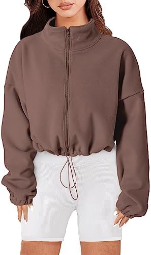 ANRABESS Women’s Full Zip Oversized Fleece Crop Jacket Winter Long Sleeve Stand Collar Workout Sherpa Coat Windbreaker