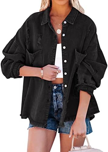 EVALESS Jean Jacket for Women Distressed Frayed Denim Jacket Ladies Ripped Stretchy Jacket With Pockets