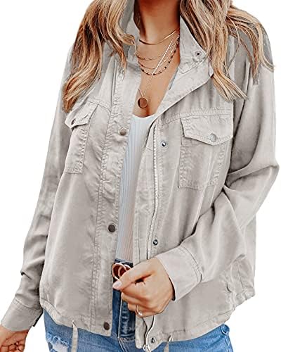 Dellytop Women Military Utility Jacket Casual Zip Up Snap Buttons Field Safari Anorak Outwear