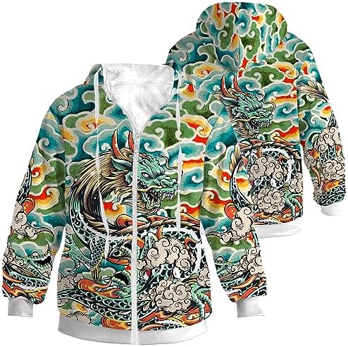 Dragon Print Winter Jacket for Men Women Zip Up Hoodie Fleece Lined Coat Gifts for Her,Him