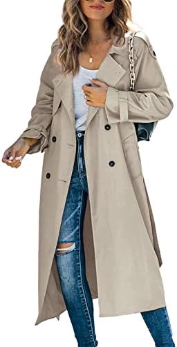 Makkrom Women’s Double Breasted Long Trench Coat Windproof Classic Lapel Slim Overcoat with Belt