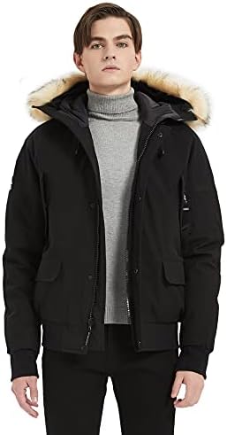 PUREMSX Mens Bomber Jacket, Unisex Winter Thick Flight Jacket Removable Fur Hooded Padded Coat