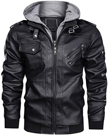 CRYSULLY Men’s Leather Jacket-Fall Winter Vintage Motorcycle Biker Jacket with Removable Hood