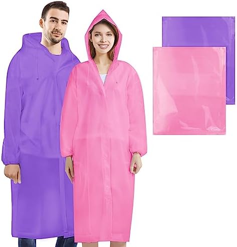 2 Pcs Rain Ponchos for Adults Reusable, White Color EVA Raincoats for Women Men with Drawstring Hood and Sleeves, Rain Coats