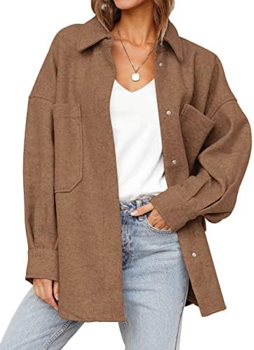 MEROKEETY Women’s Oversized Long Sleeve Shacket Jacket Button Down Wool Blend Coats with Pockets