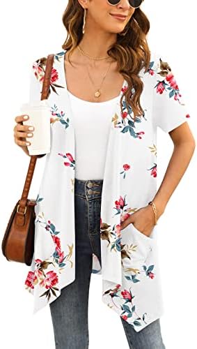 Veryoung Floral Short Sleeve Cardigans for Women Casual Drape Open Front Lightweight Summer Cardigan with Pocket High Low Hem