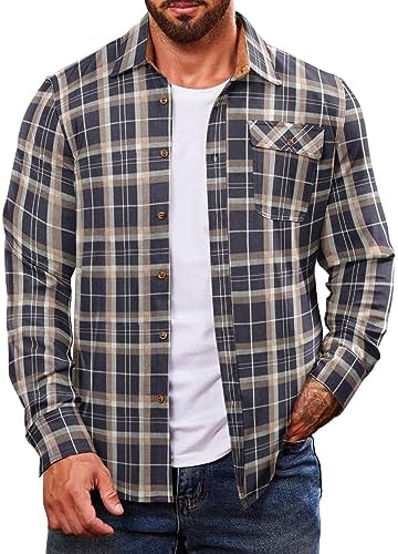COOFANDY Men Flannel Shirts Jacket Button Down Plaid Shirts Long Sleeve Western Shirts