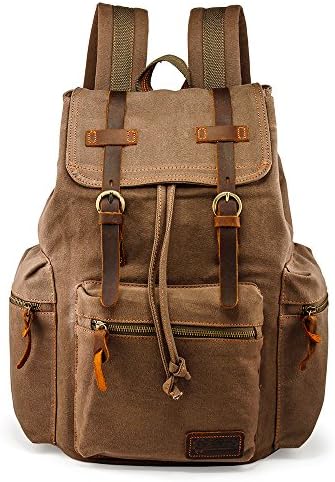 GEARONIC 21L Vintage Canvas Backpack Leather Rucksack Knapsack 15inch Laptop Tote Satchel College Shoulder Hiking Bag