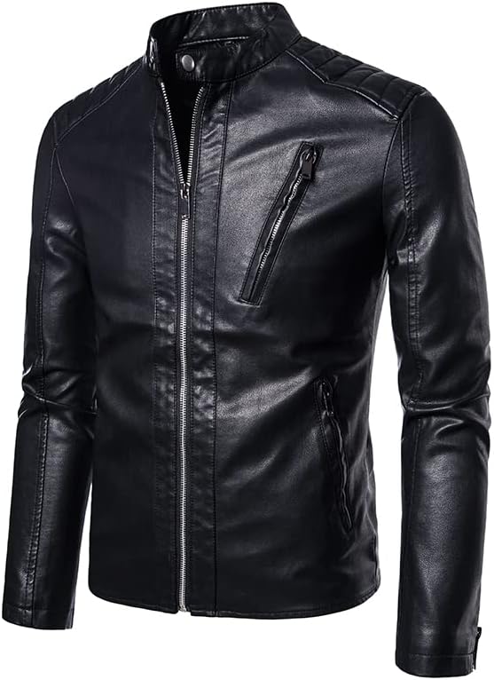 CARLHEZRON Mens Casual Stand Collar Slim Fit Faux Leather Jacket Biker Motorcycle Jacket