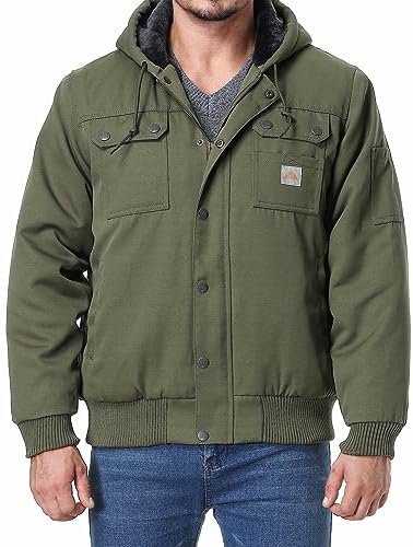 MOERDENG Men’s Relaxed Fit Utility Coat Workwear Washed Duck Fleece Lined Multiple Pockets Waterproof Winter Hooded Jacket