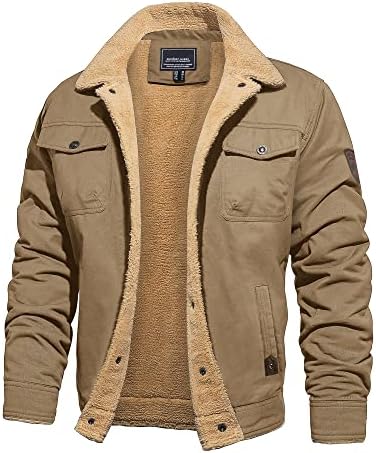 CRYSULLY Men’s Winter Cargo Jacket Fur Collar Fleece Casual Warm Cotton Military Coat
