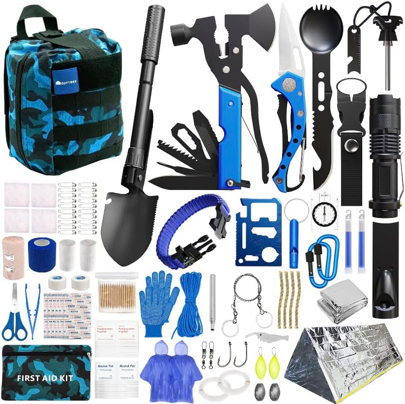Blue Survival Kit 215 PCS Emergency Survival Kit, Camping Gear Complete Set of First Aid Kit and Multitool Emergency Supplies with Backpack – Survival Gear and Equipment for Hiking Camping and More