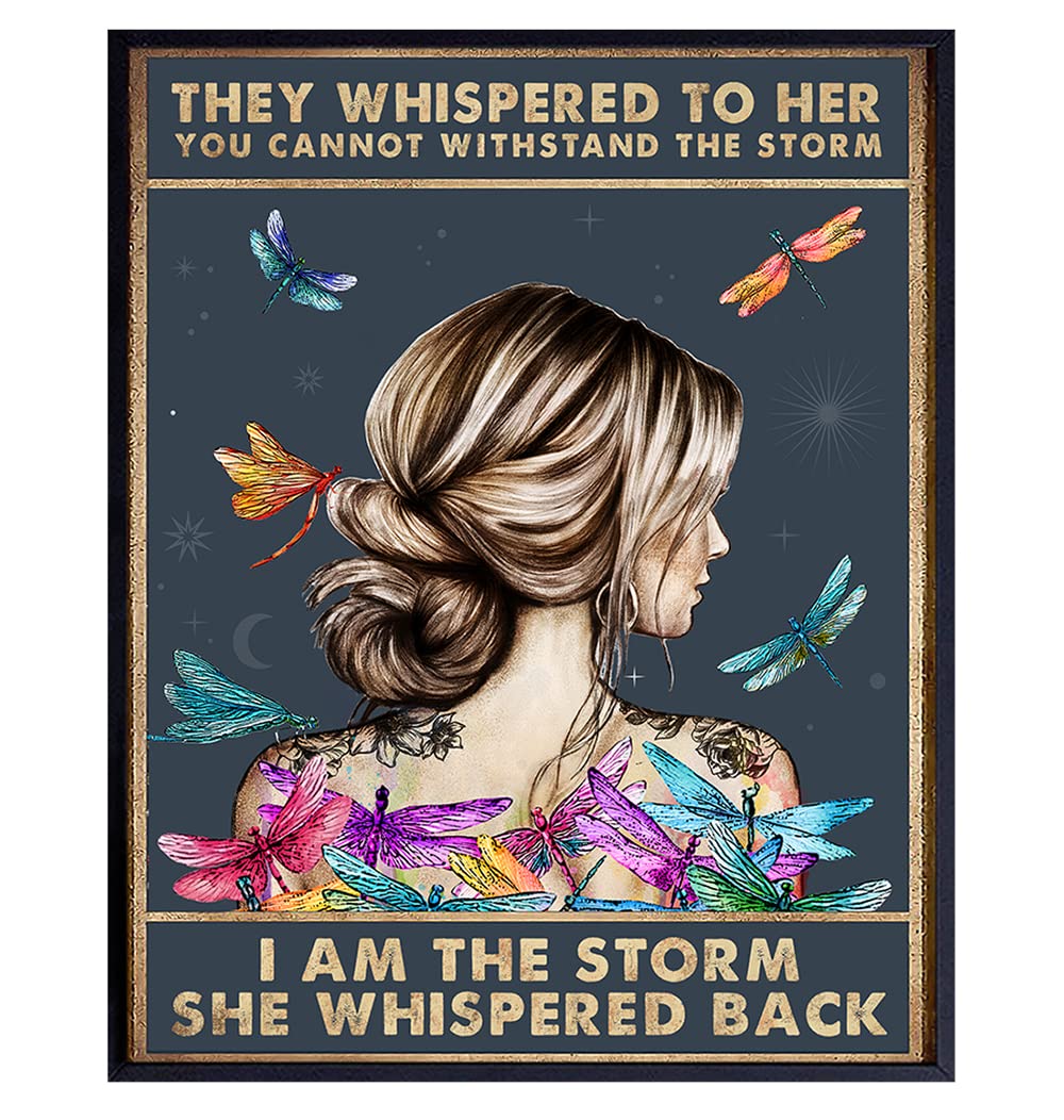 They Whispered to Her You Cannot Withstand The Storm – Positive Motivational Uplifting Encouragement Gifts for Women Teens – Inspirational Quote Wall Art – Boho Decoration Print – Dragonfly Wall Decor