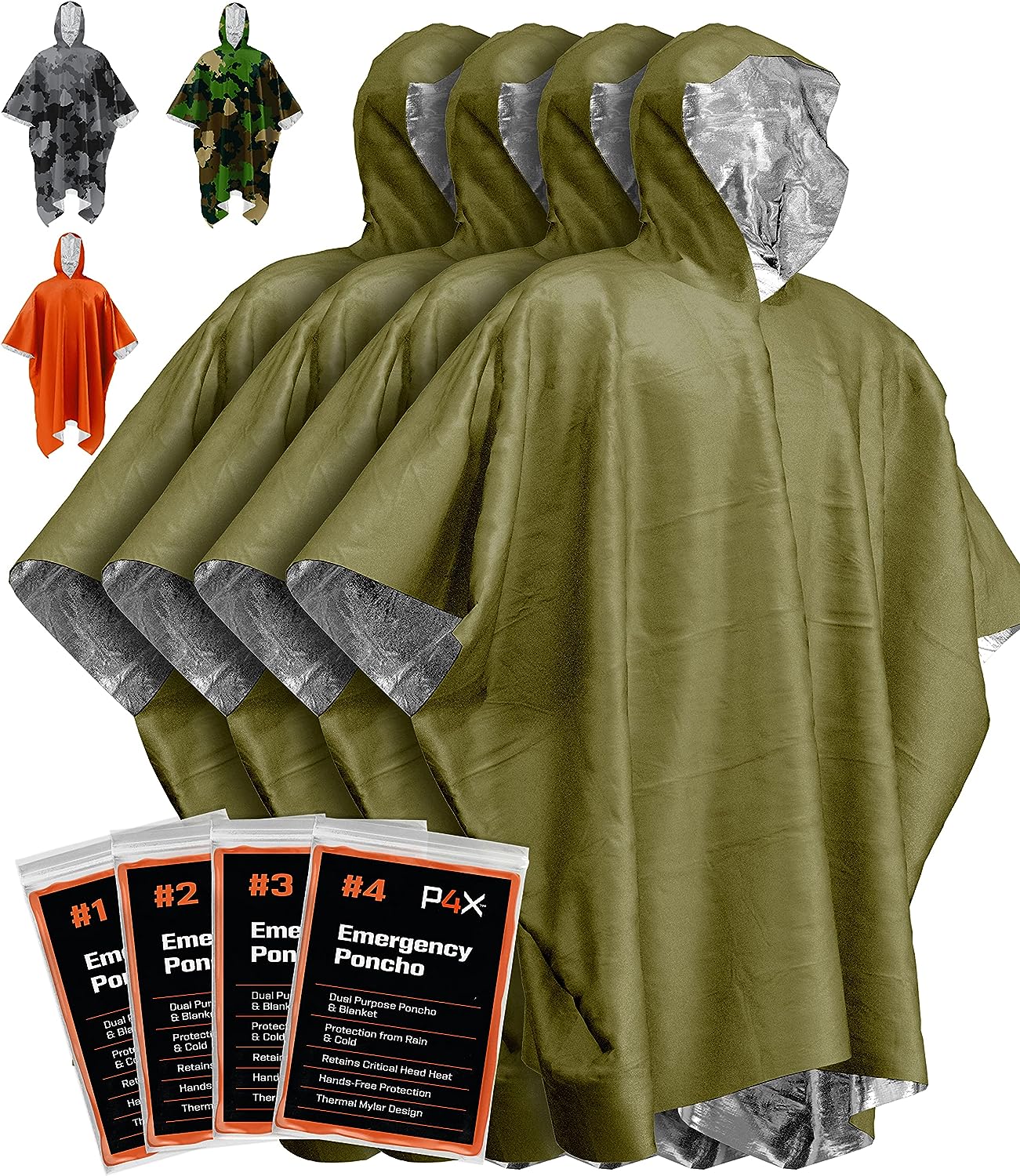 PREPARED4X Emergency Rain Poncho with Mylar Blanket Liner – Survival Blankets for Car – Heavy Duty, Waterproof Camping Gear, Tactical Prepper Supplies