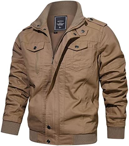 HIJEWE Men’s Military Jacket Casual Cargo Jackets Lightweight Spring Falls Outwear Cotton Stand Collar Zipper Multi-Pocket