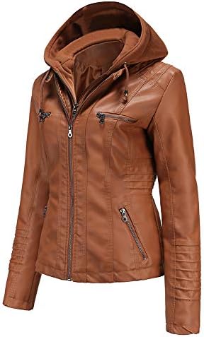 Tagoo Faux Leather Jacket Women Motorcycle Coat for Biker with Removable Hood Plus Size