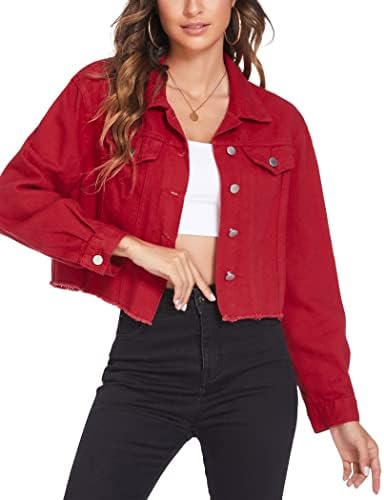 HOTLOOX Women’s Denim Jacket Long Sleeve Cropped Oversize Vintage Boyfriend Button Down Loose Jeans Coat S-XXL