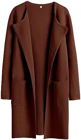 Prinbara Women’s Open Front Knit Cardigan Long Sleeve Lapel Casual Solid Classy Sweater Jacket Trench Coats