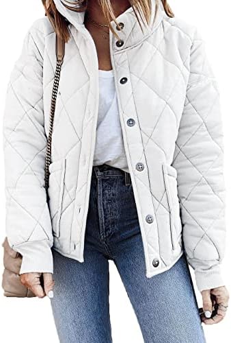 Fazortev Womens Dolman Quilted Jackets Casual Button Down Winter Long Sleeve Stand Neck Lightweight Warm Coat