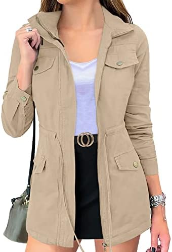 MEROKEETY Women’s Long Sleeve Military Jacket Zip Up Utility Drawstring Waist Anorak Coat with Pockets