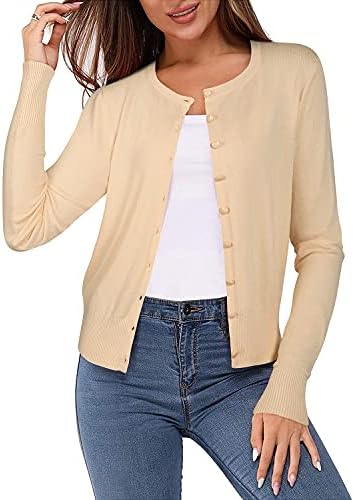 Newshows Women’s Solid Button Down Long Sleeve Classic Crew Neck Knit Cardigan Sweater