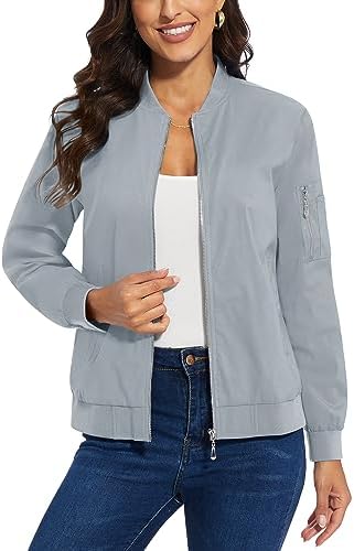CRYSULLY Womens Bomber Jacket Full-zip Lightweight Soft Casual Jacket with 3 Pockets Windbreaker Fashion Coat Outerwear