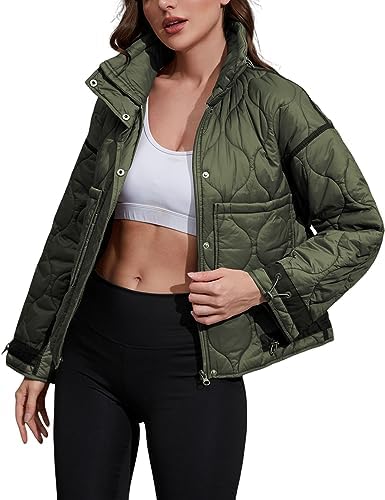 Seetaa Quilted Puffer Jacket Womens Stand Collar Full-Zip Outerwear Puffy Coats Jacket with Pockets