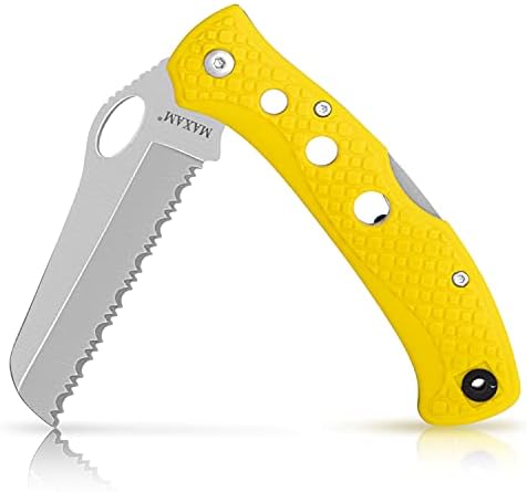 Maxam 5 Inch Saltwater Knife – Rust-Proof German Stainless Steel Serrated Blade with High-Visibility Yellow Handle, Reversible Pocket Clip, Lanyard Hole