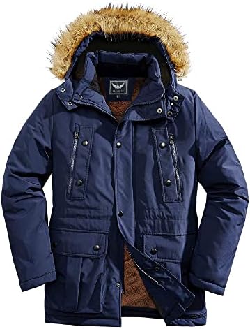 RongYue Men’s Winter Thicken Coat Faux Fur Lined Quilted Jacket with Removable Hood