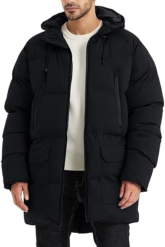 Rejork Men’s Long Winter Coat Hooded Warm Quilted Jacket Water-resistant Cold Weather Parka